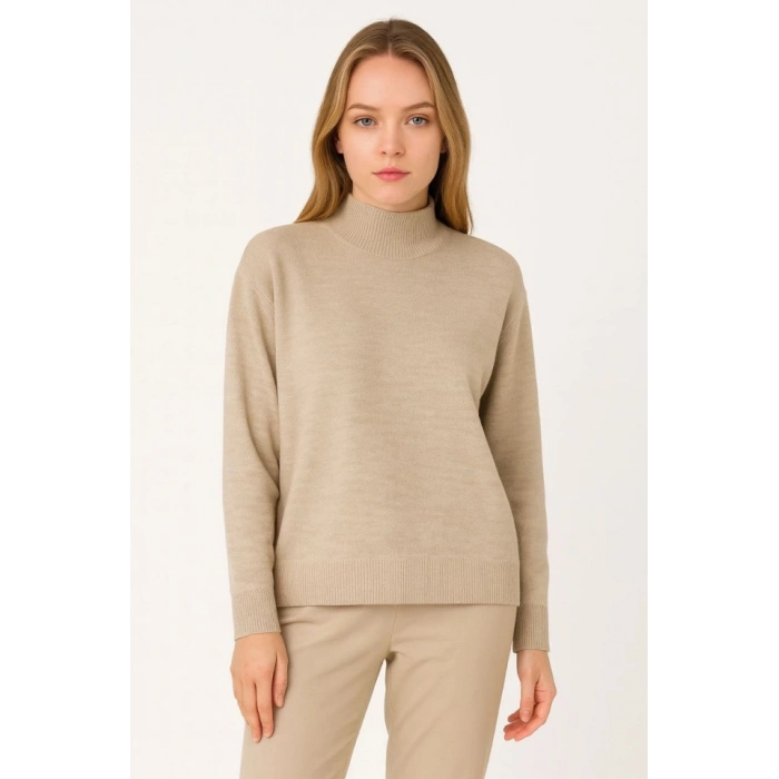 Yarım Boğaz Triko Kazak Yumuşak Dokulu Pamuklu Ince Dokuma, Uzun Kollu Rahat Regular Kalıp - Bej