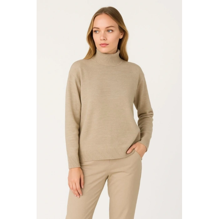 Yarım Boğaz Triko Kazak Yumuşak Dokulu Pamuklu Ince Dokuma, Uzun Kollu Rahat Regular Kalıp - Bej