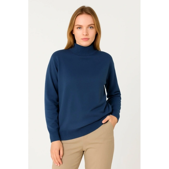 Yarım Boğaz Triko Kazak Yumuşak Dokulu Pamuklu Ince Dokuma, Uzun Kollu Rahat Regular Kalıp - İndigo