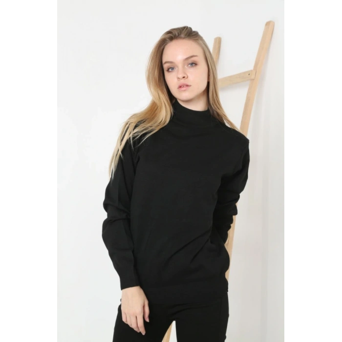 Yarım Boğaz Triko Kazak Yumuşak Dokulu Pamuklu Ince Dokuma, Uzun Kollu Rahat Regular Kalıp - Siyah