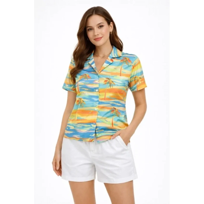 Yazlık Tropikal Desenli Gömlek Şort Takım Rahat Kalıp Tatil Kombin  - Desenli