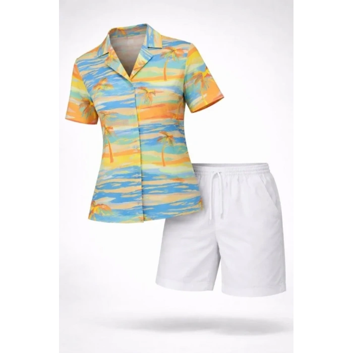 Yazlık Tropikal Desenli Gömlek Şort Takım Rahat Kalıp Tatil Kombin  - Desenli
