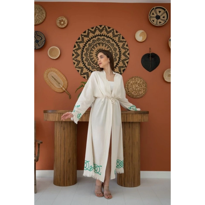 Yeşil Baskı Detay Keten Hırka