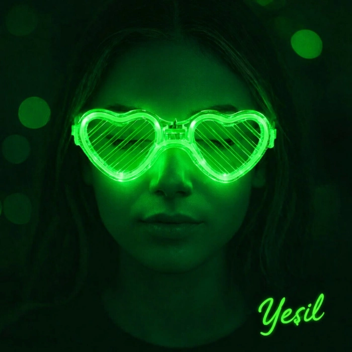 Yeşil LED Işıklı Kalp Gözlük – 3 Modlu Parti - Glow Gözlüğü (4940)