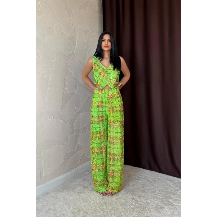 Yeşil Pullu Yelek Ve Pantolon Takım