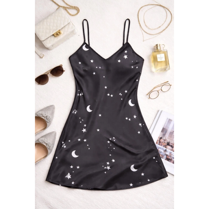 Yıldızlı Gökyüzü Desenli Askılı Saten Gecelik TM1387