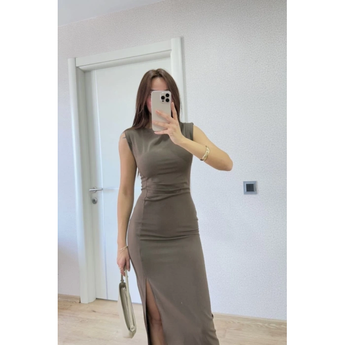 Yırtmaç Detaylı Kolsuz Elbise - Antrasit