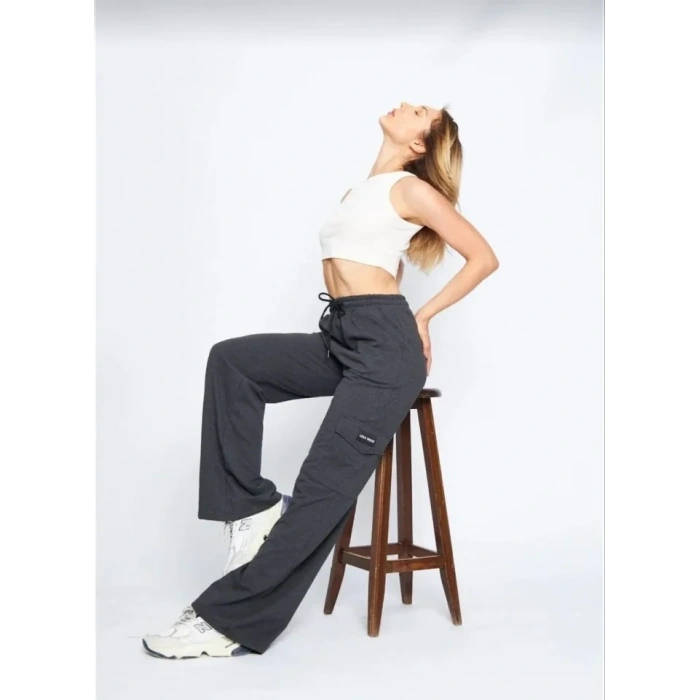 Yüksek Bel Kargo Cepli Palazzo Pantolon Oversize Bol Paça İki İplik Rahat Kesim - Antrasit