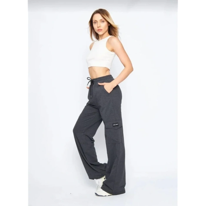 Yüksek Bel Kargo Cepli Palazzo Pantolon Oversize Bol Paça İki İplik Rahat Kesim - Antrasit