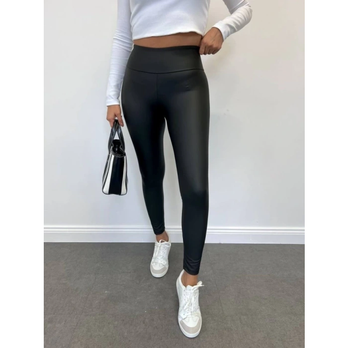 Yüksek Bel Toparlayıcı İçi Şardonlu Deri Tayt