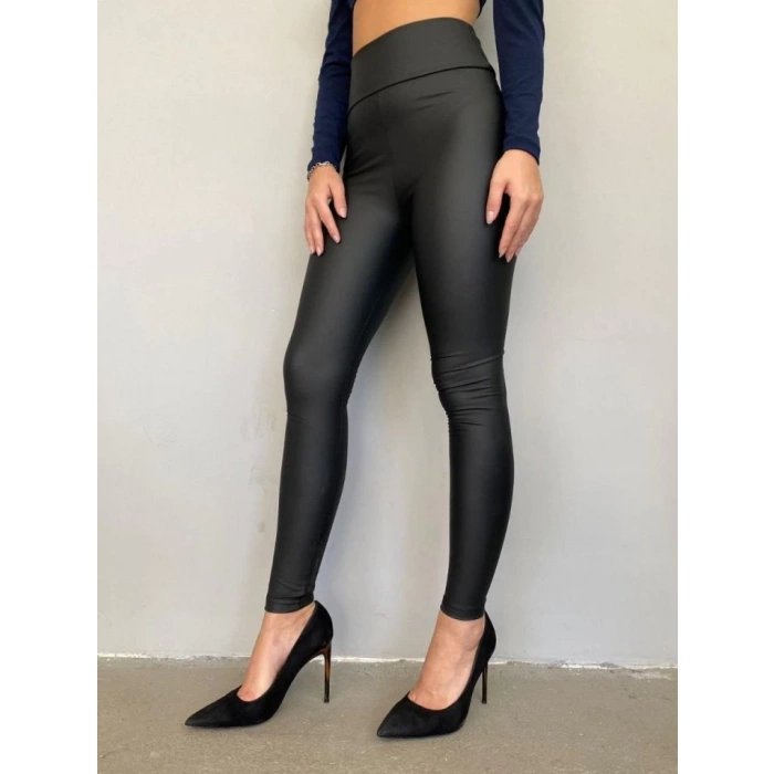 Yüksek Bel Toparlayıcı İçi Şardonlu Deri Tayt