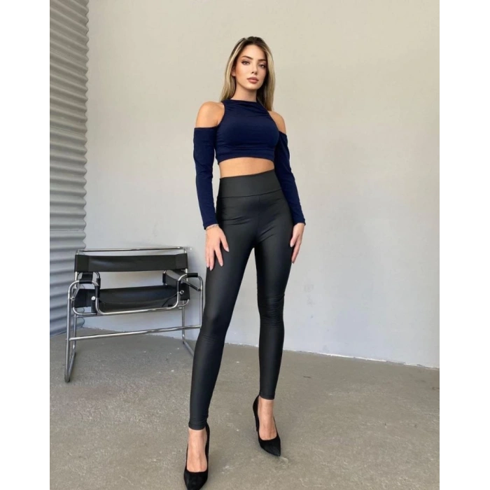 Yüksek Bel Toparlayıcı İçi Şardonlu Deri Tayt