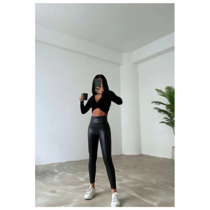 Yüksek Bel Toparlayıcı İçi Şardonlu Deri Tayt