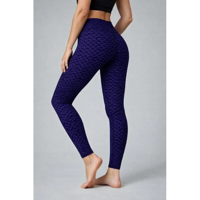 Yüksek Bel Toparlayıcı Likralı Büzgülü Tayt - Mavi