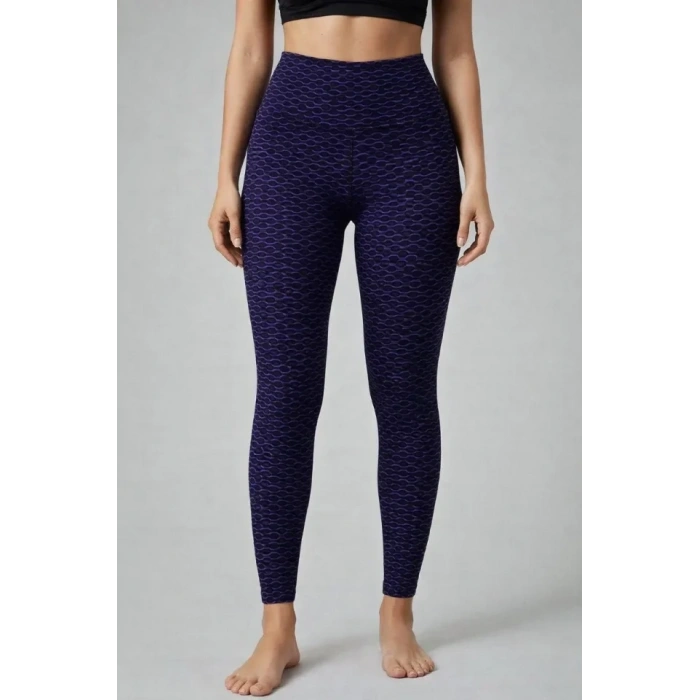 Yüksek Bel Toparlayıcı Likralı Büzgülü Tayt - Mavi