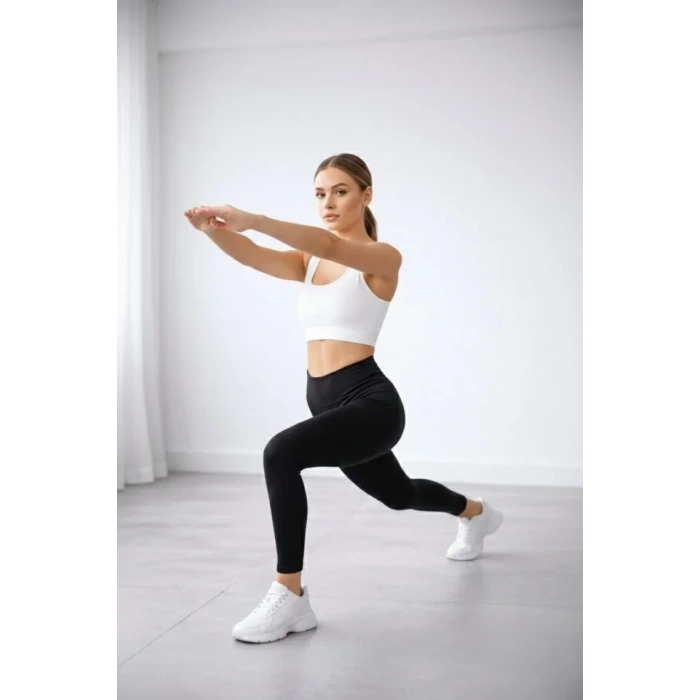 Yüksek Bel Toparlayıcı Likralı Düz Sporcu Tayt - Siyah