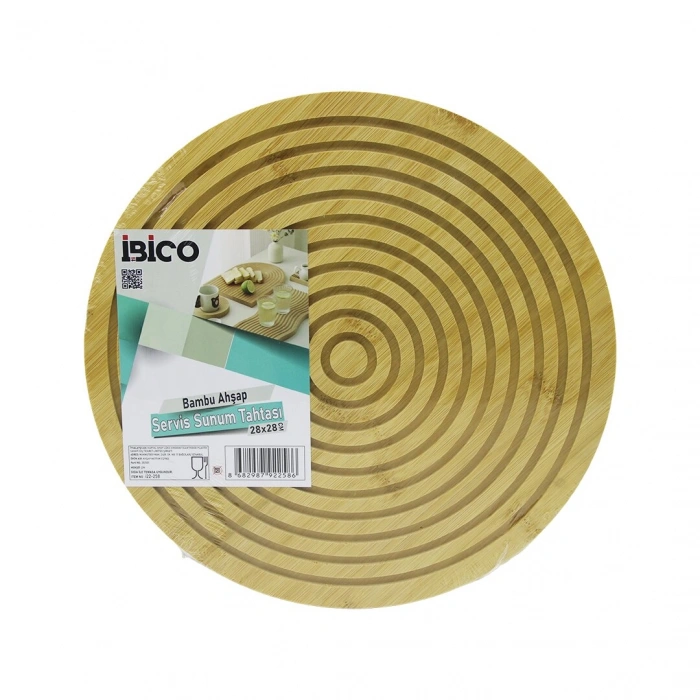 YUVARLAK  ÇAP: 28CM  ÇİFT TARAFLI= DÜZ - KANALLI AHŞAP BAMBU SERVİS SUNUM TAHTASI TEPSİ (4940)