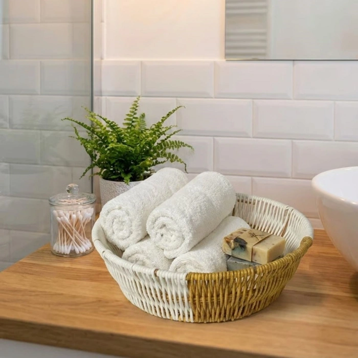 Yuvarlak Çift Renkli Plastik Rattan Ekmek ve Meyve Sepeti - Çok Amaçlı Banyo ve Mutfak Düzenleyici - Yıkanabilir Tezgâh Üstü Organizer (4940)