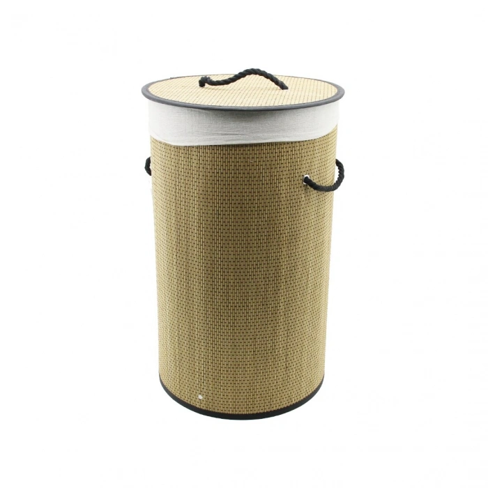 YUVARLAK HASIR - AHŞAP KİRLİ ÇAMAŞIR SEPETİ 37X60CM SEYYAR KAPAKLI İÇİ BEZLİ İP KULPLU (4940)