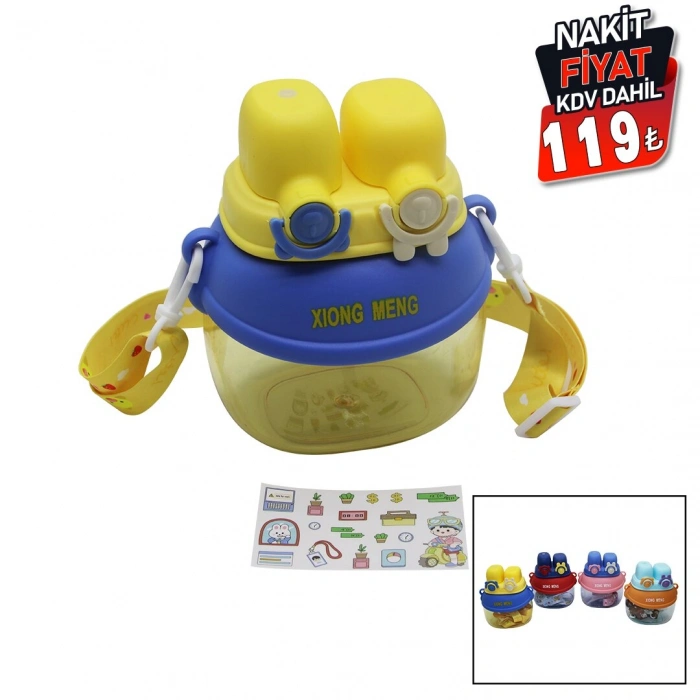 YÜZ MODELİ  - 2 KİLİTLİ KAPAK  RENKLİ MİKA KRİSTAL SULUK MATARA PİPETLİ - NAYLON ÇANTALI - ASKILI 1280ML (4940)