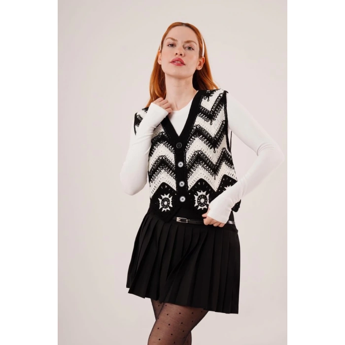 Zikzak Geçişli Triko Örme Siyah Yelek