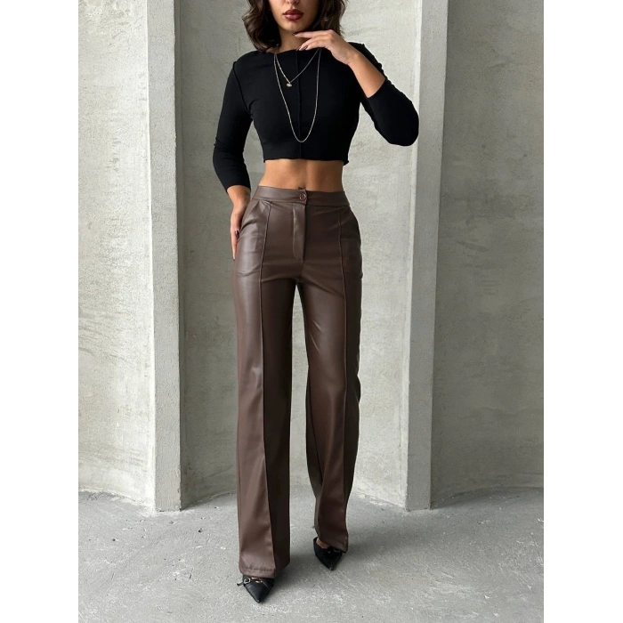 Zr deri palazzo pantolon kahve h24654