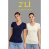 2li V Yaka Tişört – Kısa Kollu Yazlık Slim Fit Body - Lacivert - Ekru