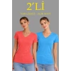 2li V Yaka Tişört – Kısa Kollu Yazlık Slim Fit Body - Nar Çiçeği - Açık Mavi