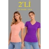 2li V Yaka Tişört – Kısa Kollu Yazlık Slim Fit Body - Toz Pembe - Mor