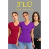 3lü V Yaka Tişört – Kısa Kollu Yazlık Slim Fit Body - Bordo, Mor, Füme