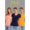 3lü V Yaka Tişört – Kısa Kollu Yazlık Slim Fit Body - Toz Pembe, Lacivert, Hardal