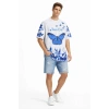 Erkek Asit Yıkamalı Oversize Tişört Mavi Kelebek Baskılı Dijital Print Bisiklet Yaka Streetwear T-Shirt - Beyaz