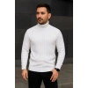 Erkek Balıkcı Yaka Bağazlı Triko Kazak Pamuklu Kalın Fitilli Dokuma, Regular Fit Uzun Kollu Kışlık Model - Beyaz