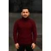 Erkek Balıkcı Yaka Bağazlı Triko Kazak Pamuklu Kalın Fitilli Dokuma, Regular Fit Uzun Kollu Kışlık Model - Bordo