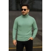 Erkek Balıkcı Yaka Bağazlı Triko Kazak Pamuklu Kalın Fitilli Dokuma, Regular Fit Uzun Kollu Kışlık Model - Mint Yeşili