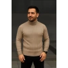 Erkek Balıkcı Yaka Bağazlı Triko Kazak Pamuklu Kalın Fitilli Dokuma, Regular Fit Uzun Kollu Kışlık Model - Bej
