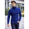 Erkek Balıkcı Yaka Bağazlı Triko Kazak Pamuklu Kalın Fitilli Dokuma, Regular Fit Uzun Kollu Kışlık Model - İndigo