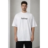 Erkek Bisiklet Yaka Baskılı Kısa Kollu Tişört Streetwear Günlük Basic Pamuklu T-shirt - Beyaz