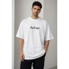 Erkek Bisiklet Yaka Baskılı Kısa Kollu Tişört Streetwear Günlük Basic Pamuklu T-shirt - Beyaz
