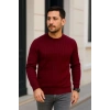 Erkek Bisiklet Yuvarlak Yaka Triko Kazak Pamuklu Kalın Fitilli Dokuma, Regular Fit Uzun Kollu Kışlık Model - Bordo