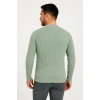 Erkek Bisiklet Yuvarlak Yaka Triko Kazak Pamuklu Kalın Fitilli Dokuma, Regular Fit Uzun Kollu Kışlık Model - Mint Yeşili