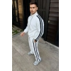 Erkek Çift Şeritli Eşofman Takım Dik Yaka Fermuarlı Sweatshirt Boru Paça Alt, Oversize 3 Iplik Pamuklu - Beyaz