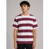 Erkek Çizgili Oversize Tişört Bisiklet Yaka Kısa Kol Yazlık T-Shirt - Bordo