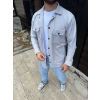 Erkek Diagonal Kumaş Cepli Çıtçıtlı Uzun Kollu, Gömlek Oversize Rahat Kalıp Günlük Şık Stil - Gri