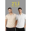 Erkek Dokuma Triko Tişört Fermuar Yakalı Yazlık Kısa Kol T-Shirt 2’li Set Bej-Beyaz