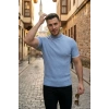 Erkek Fitilli Triko Dokuma Kısa Kol Tişört Yarım Boğaz Modern Yazlık T-Shirt - Bebe Mavisi