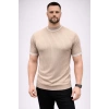 Erkek Fitilli Triko Dokuma Kısa Kol Tişört Yarım Boğaz Modern Yazlık T-Shirt - Bej