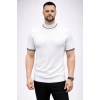 Erkek Fitilli Triko Dokuma Kısa Kol Tişört Yarım Boğaz Modern Yazlık T-Shirt - Beyaz