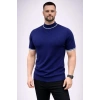 Erkek Fitilli Triko Dokuma Kısa Kol Tişört Yarım Boğaz Modern Yazlık T-Shirt - Lacivert