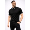 Erkek Fitilli Triko Dokuma Kısa Kol Tişört Yarım Boğaz Modern Yazlık T-Shirt - Siyah